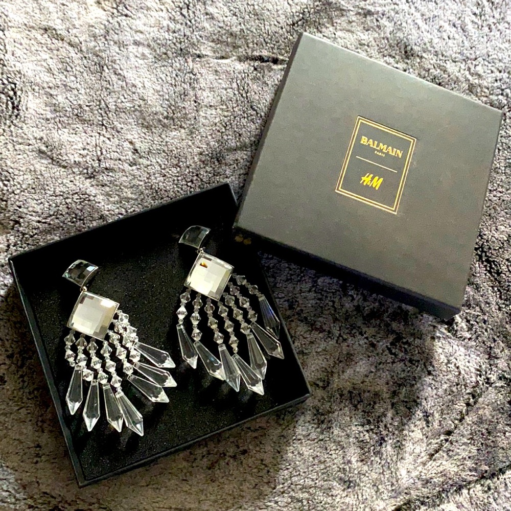 H&M x Balmain Crystal White Chandelier Earrings